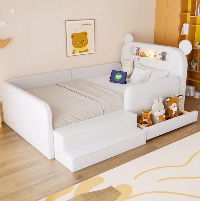 Letto imbottito per bambini 90 x 200 cm con testiera a orsetto; contenitore; luce notturna e USB; bianco
