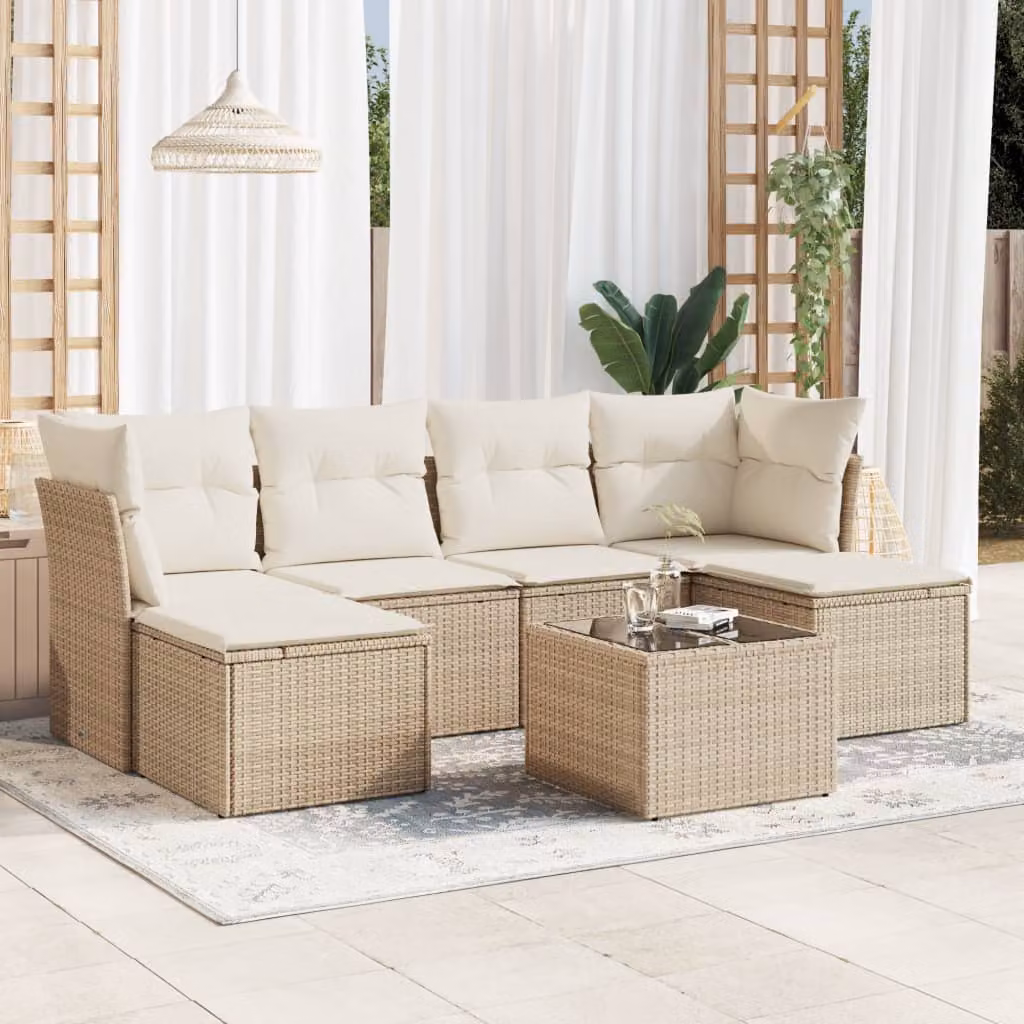 vidaXL Set Divani da Giardino 7 pz in Polyrattan Beige con Cuscini e Tavolino da Esterno
