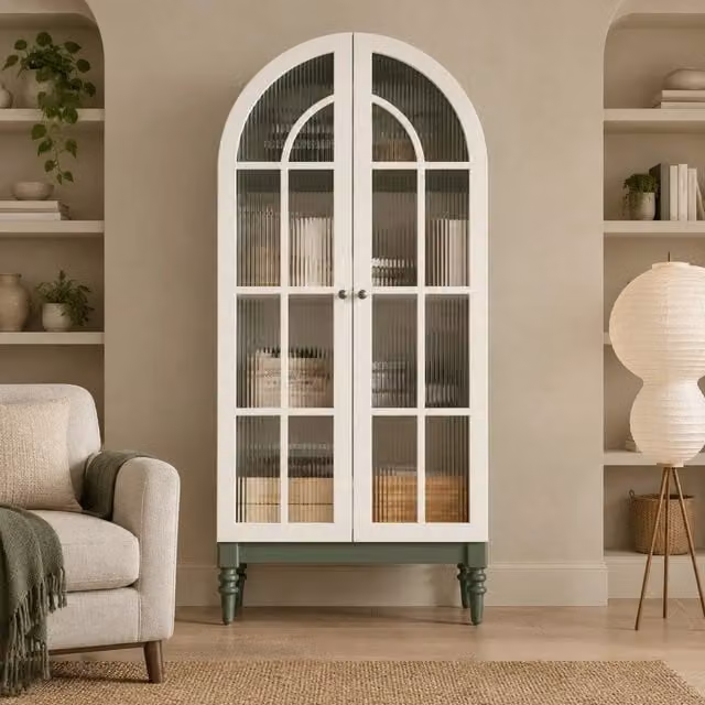 Vetrina con ante in vetro scanalato e 3 ripiani per soggiorno e sala da pranzo in MDF verde 76 × 38,5 × 165 cm