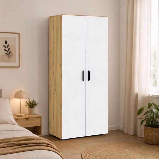 Armadio da camera da letto DMORA con ante a battente, ripiani interni e appendiabiti, colore marrone rovere, L: 74 cm, H: 179 cm, P: 52 cm – 1