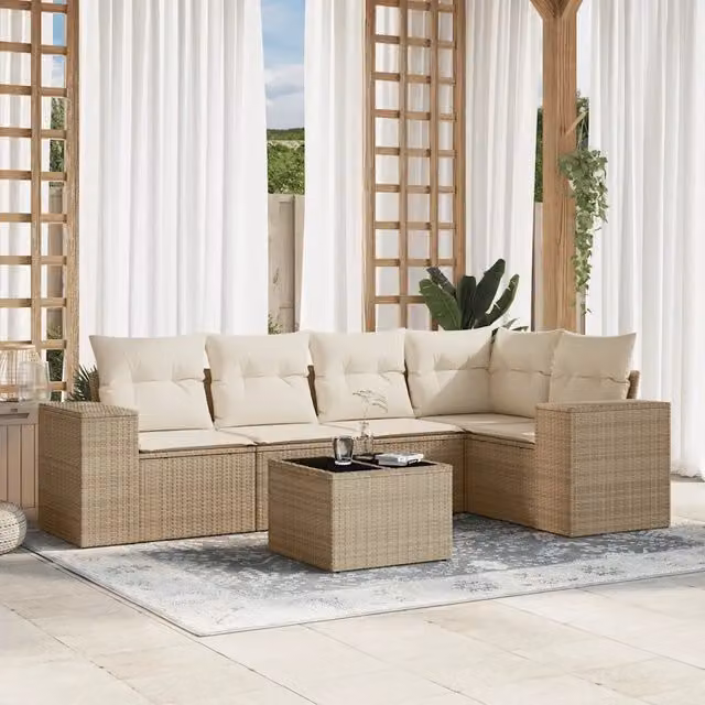 Set Divano da Giardino a L vidaXL in Polyrattan con 6 Pezzi e Cuscini Beige – 1