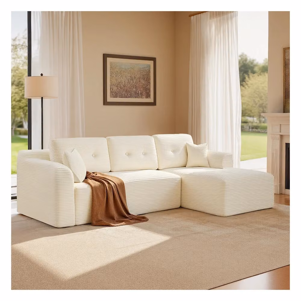 Divano angolare modulare con ampia chaise longue sinistra, Bianco Crema / ampia chaise longue destra