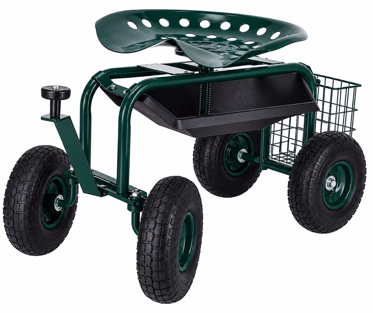 Carrello da giardino a rotelle e con sedile girevole 360°