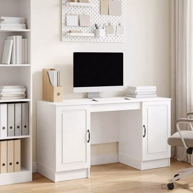 Scrivania moderna vidaXL in MDF bianco lucido L: 142,5 cm, P: 50 cm, H: 75 cm
