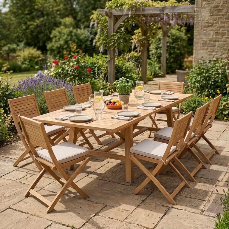Milani Home - Set tavolo e sedie da giardino per esterno in legno resistente di teak cm 160/240x90x77 h con 8 sedute - Marrone