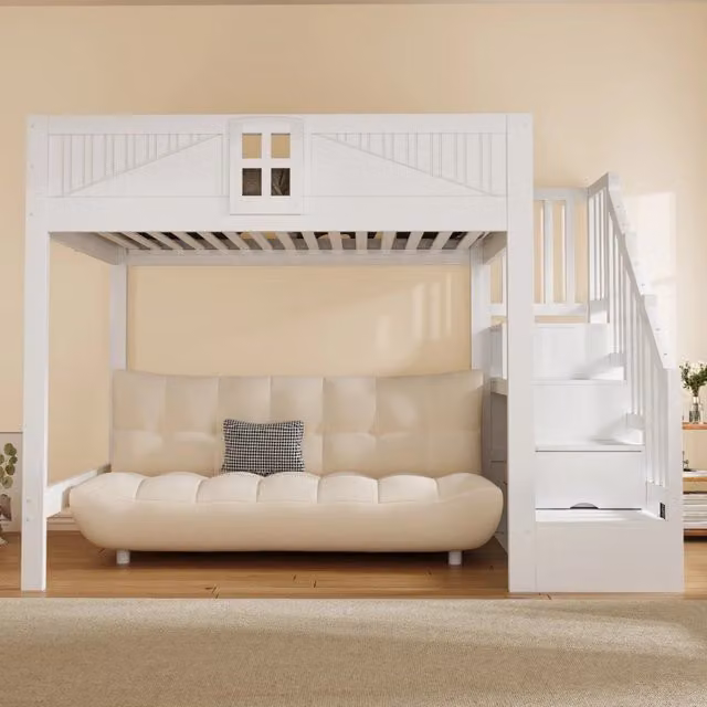 Letto a Soppalco 140x200 in Legno Massello con Scala Contenitore Reversibile e Barriera di Sicurezza; Letto Multifunzionale Bianco per Cameretta