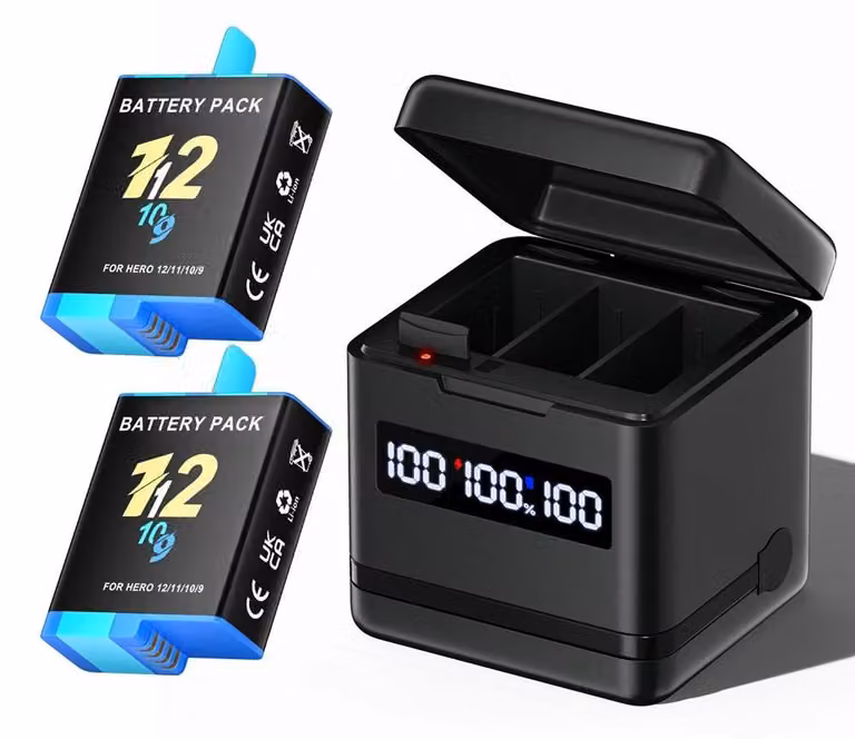 Pacco batterie, capacità 2000 mAh, caricabatterie LCD a 3 slot, 2 batterie, 1 caricabatterie