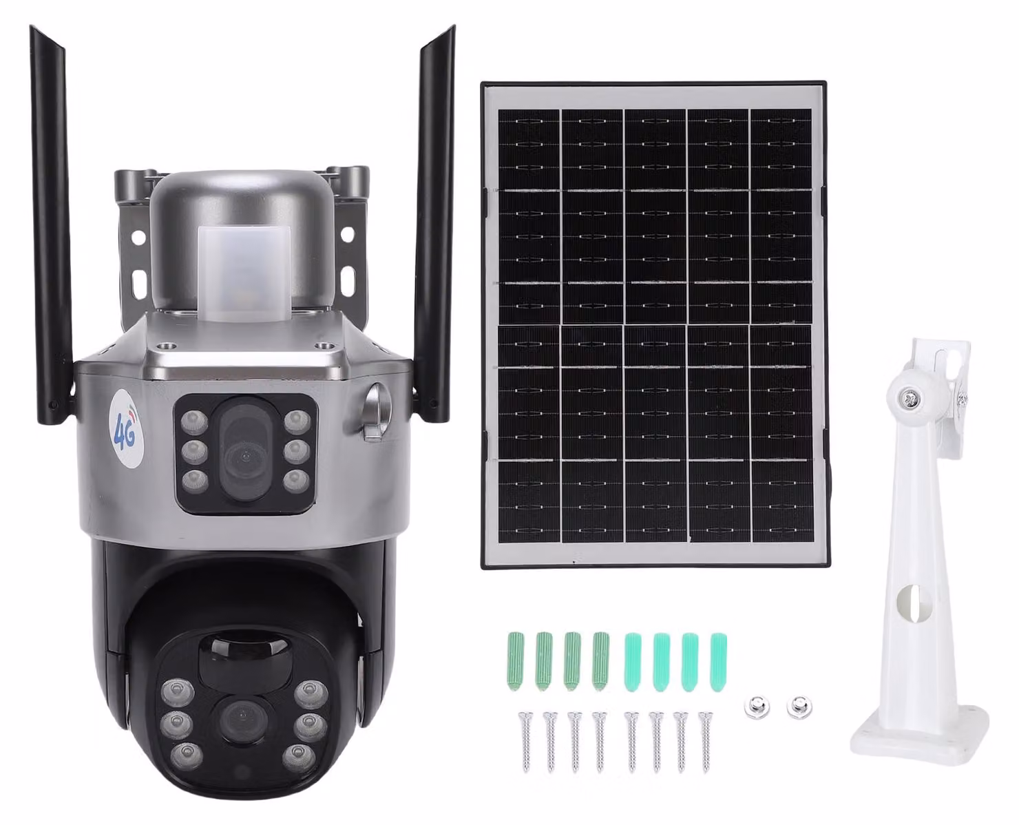 Telecamera di sorveglianza 4G con pannello solare, doppio obiettivo, risoluzione HD da 4 MP, rilevamento del movimento, impermeabile, wireless, PTZ, per interni ed esterni