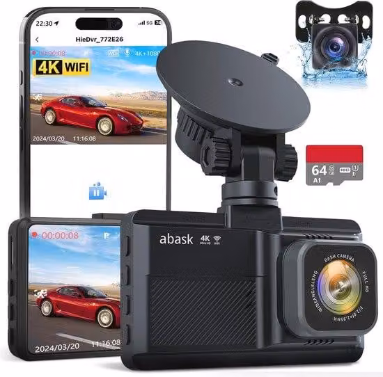 Telecamera per auto con visione notturna e sensore di coppia, qualità 4K HD, connessione wireless, vista anteriore e posteriore