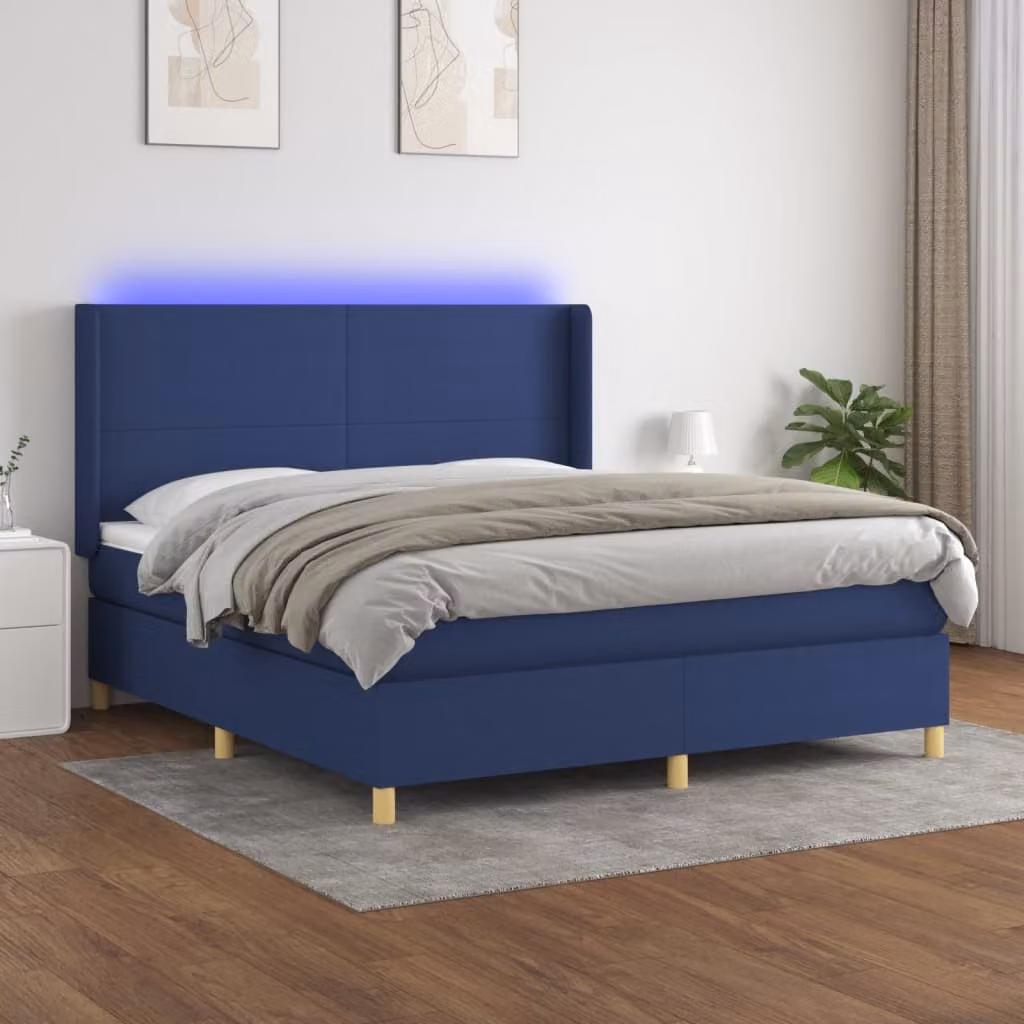 Letto Ibrido vidaXL con Materasso, Illuminazione LED Blu e Porte USB, Tessuto Bianco e Blu, L/P: 160 x 200 cm – 1