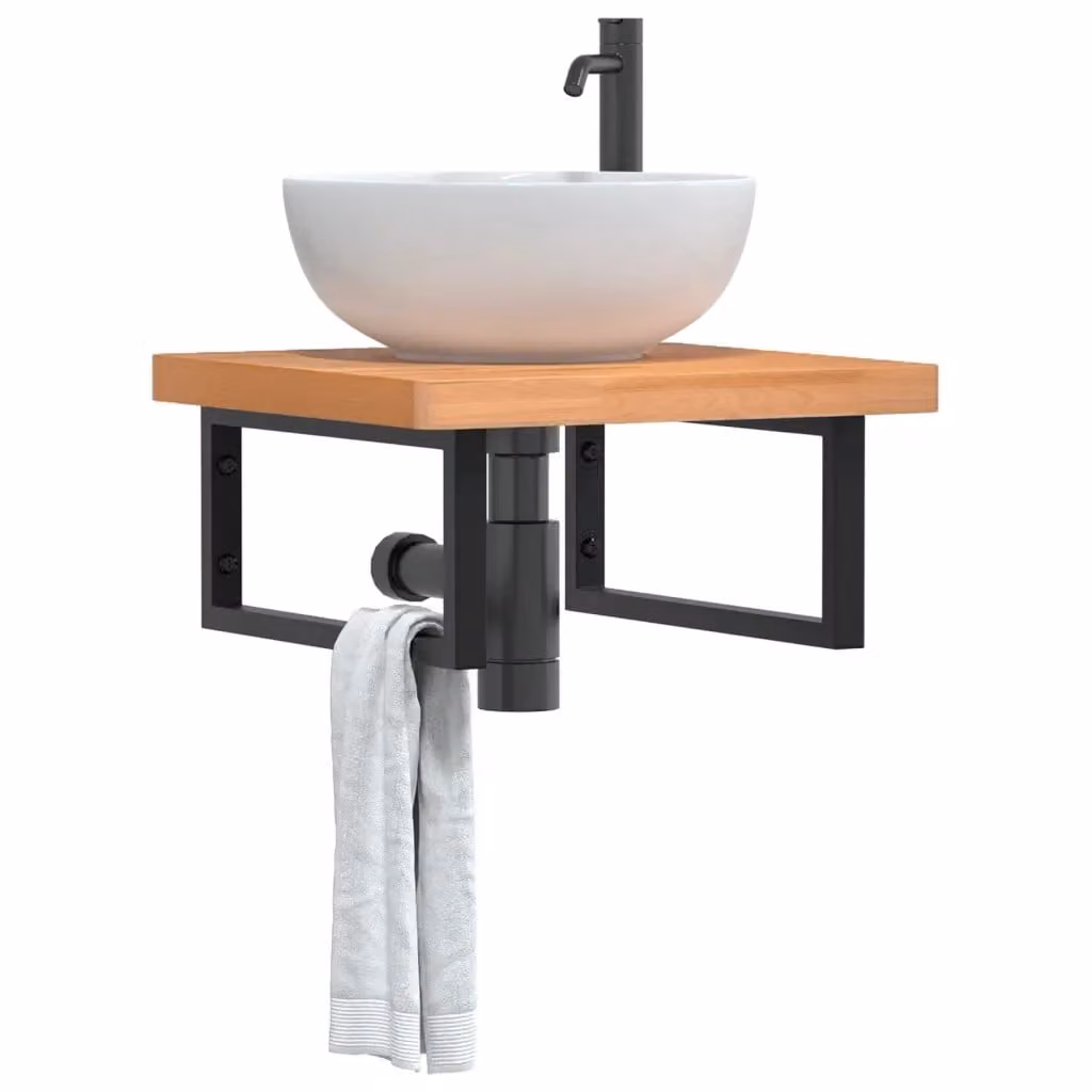 Ripiano a parete per lavabo in acciaio e massello di faggio nero e marrone DESIGN IN