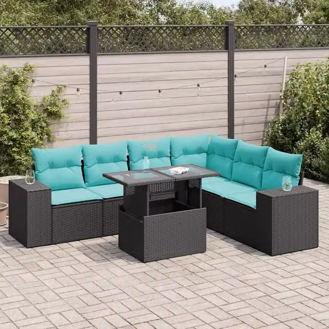 Set Divani Giardino 7pz con Cuscini Nero in Polyrattan Acacia 3326808