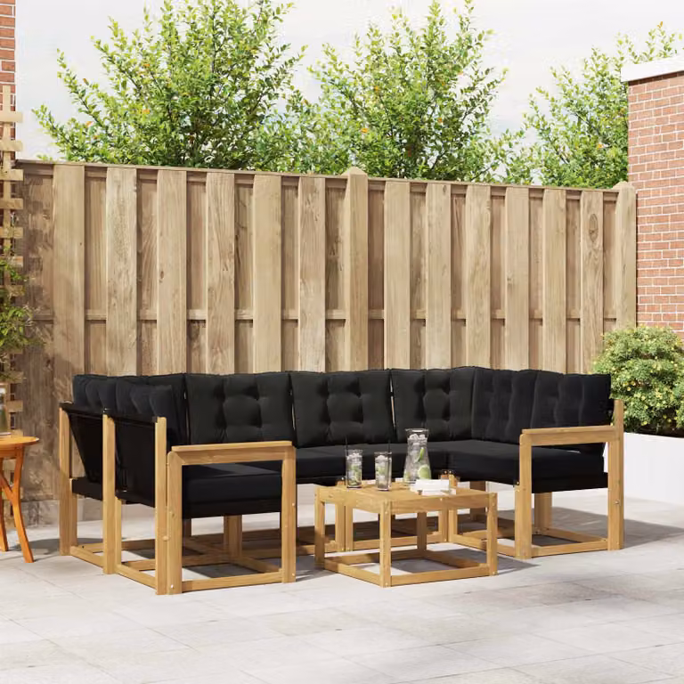 vidaXL Set di divani da esterno a L composto da 7 pezzi in legno di acacia con cuscini bianchi e neri