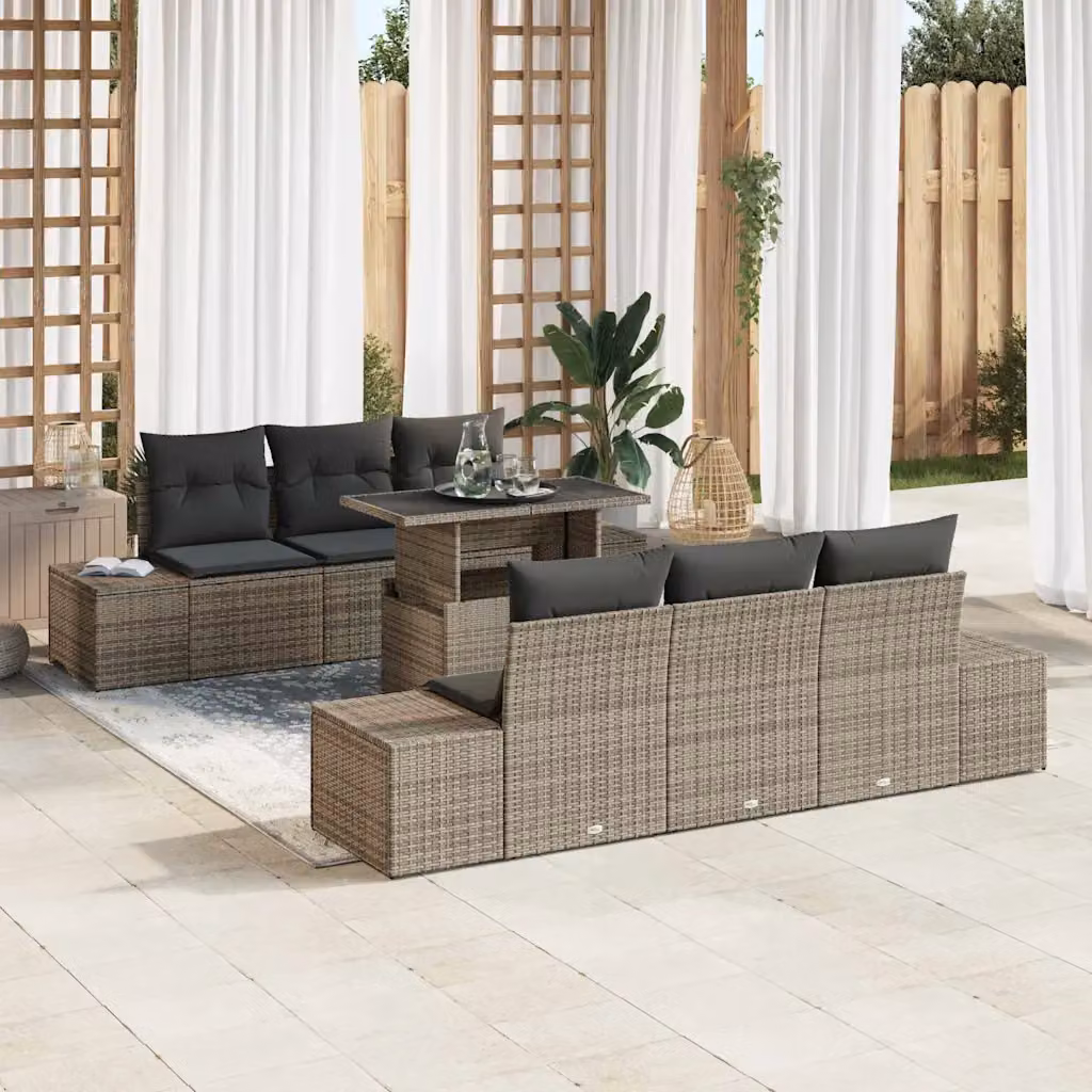 Set di divani da giardino vidaXL a forma di L in polyrattan grigio con cuscini e tavolino da caffè in vetro, 7 pezzi – 1
