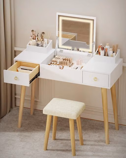 Tavolo da toeletta con specchio a LED, tavolo da toeletta, tavolo da toeletta con sgabello, tavolo da trucco con luce a 3 colori