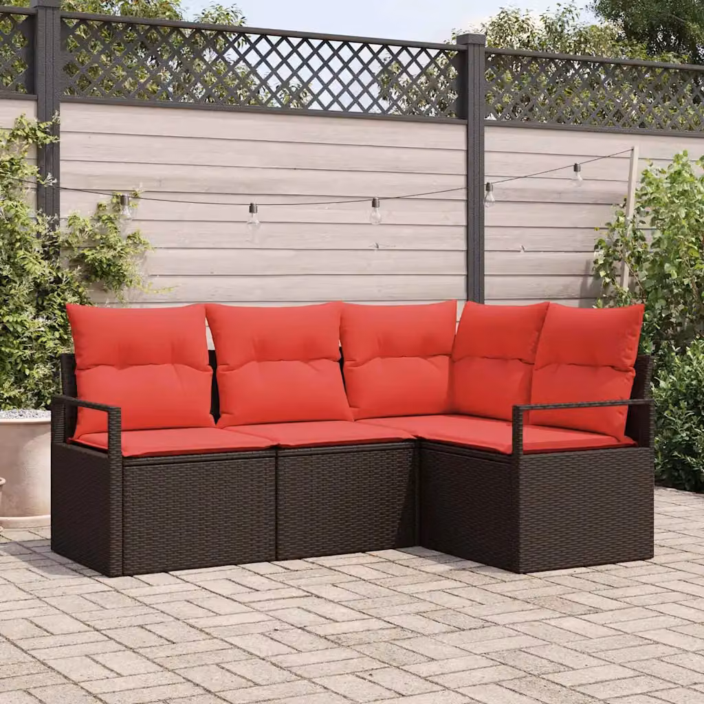 Set Divano da Giardino vidaXL 4 pz in Polyrattan con Cuscini, Design Moderno a L, Colore Marrone e Rosso