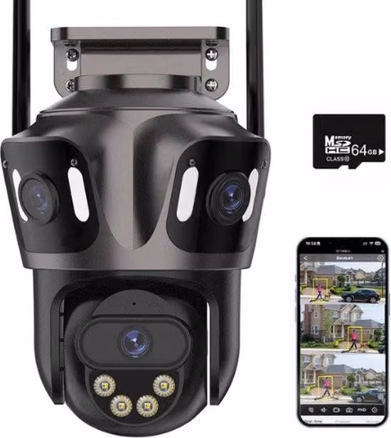 Telecamera di sicurezza per esterni - Telecamera da esterno con visione notturna - Design a tre obiettivi - Messa a fuoco automatica a 360 gradi - Scheda SD da 64 GB inclusa - Nero