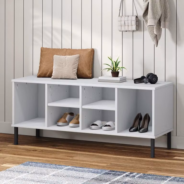 Scarpiera vidaXL OSLO in legno di pino e metallo bianco con ripiani interni L: 106 cm, P: 35 cm, H: 45 cm