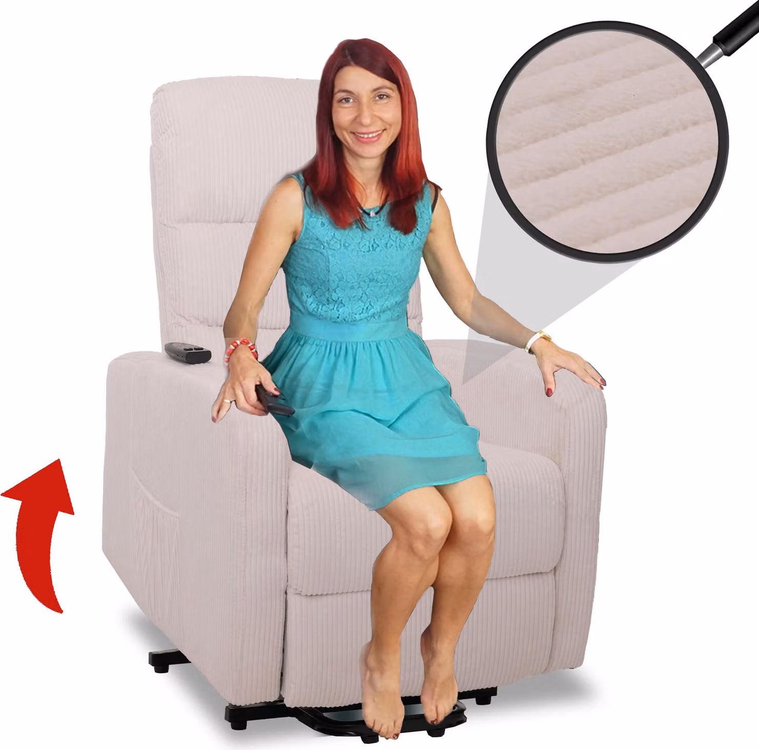 Poltrona TV HWC-K62, poltrona reclinabile, poltrona TV reclinabile, funzione reclinabile con ausilio per alzarsi, metallo, tessuto/velluto ~ bianco crema