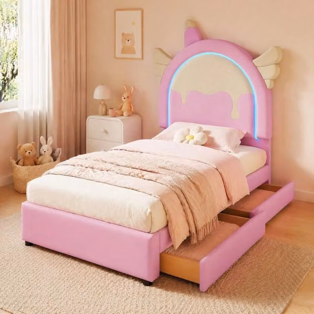 Letto imbottito unicorno rosa 90 x 200 cm con 2 cassetti e striscia luminosa, senza materasso