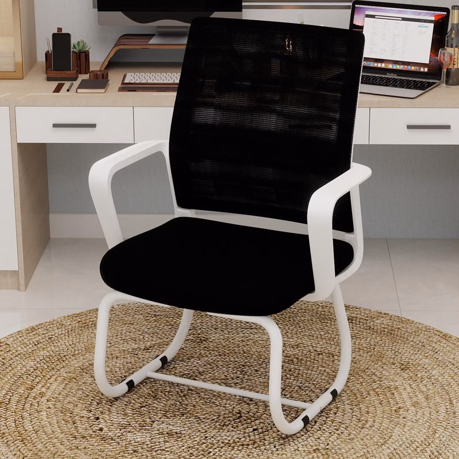 Sedia da ufficio minimalista, struttura in metallo, imbottitura morbida e confortevole, ideale per l'ufficio e la casa, disponibile in diversi colori: nero e bianco