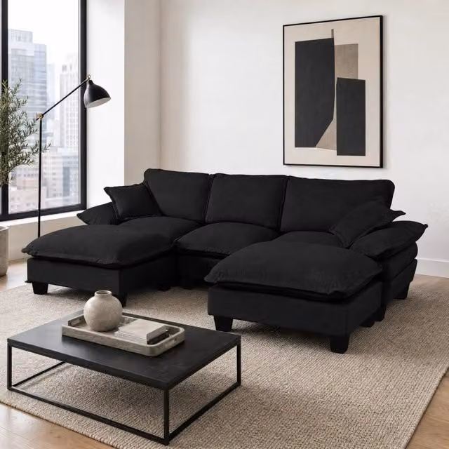 Divano modulare a U con ottomane mobili e cuscini, rivestimento in chenille nero 263 × 151 × 90 cm