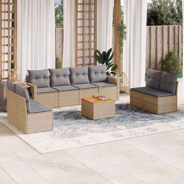 vidaXL Set Divano da Giardino 9 pz in Polyrattan con Cuscini Beige e Ottoman