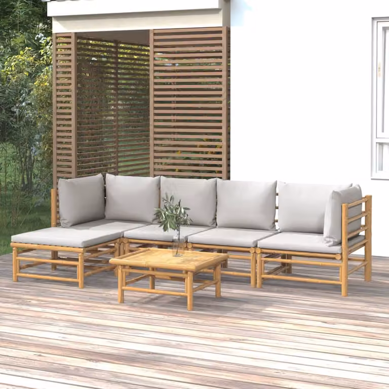 Set Salotto da Giardino vidaXL 6 Pezzi in Bambù con Cuscini Grigio Chiaro e Marrone