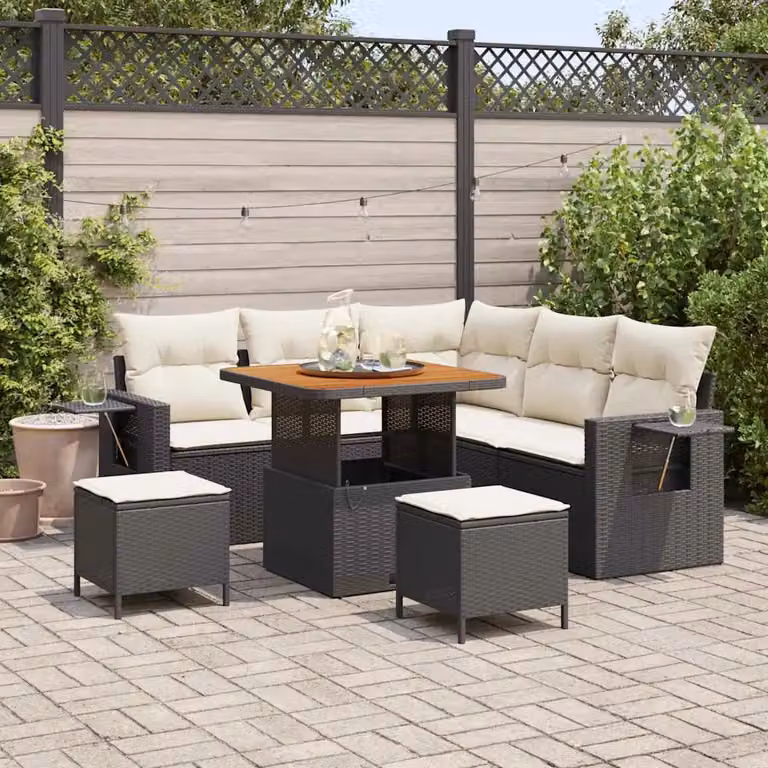 Set Divano da Giardino vidaXL 9 Pezzi a Forma di L con Cuscini Nero e Beige