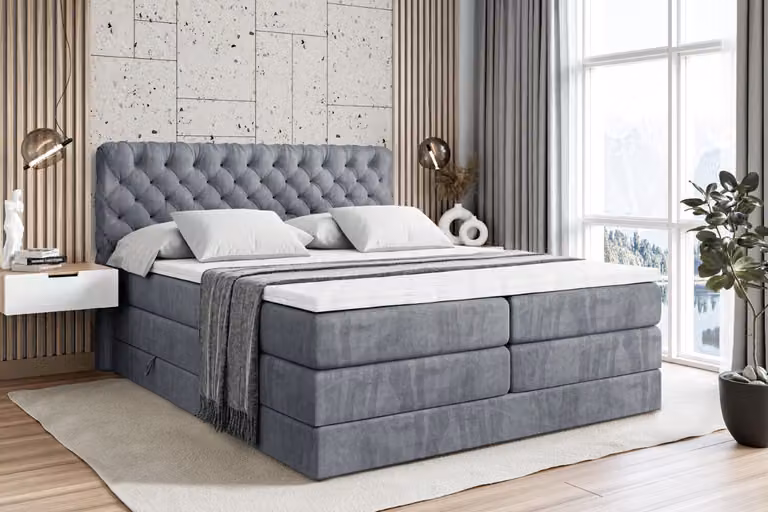 Letto boxspring ALTDECOR con 2 materassi e topper - 180x200 cm - BOXI8 KING - Velluto grigio - Letto imbottito con materassi H3 e H4, contenitore e rete a doghe, letto con spazio contenitivo