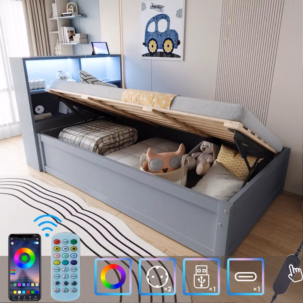Letto singolo con contenitore idraulico Mivray in legno grigio con illuminazione LED, porta USB e ripiani integrati, L/P: 90 x 200 cm – 2
