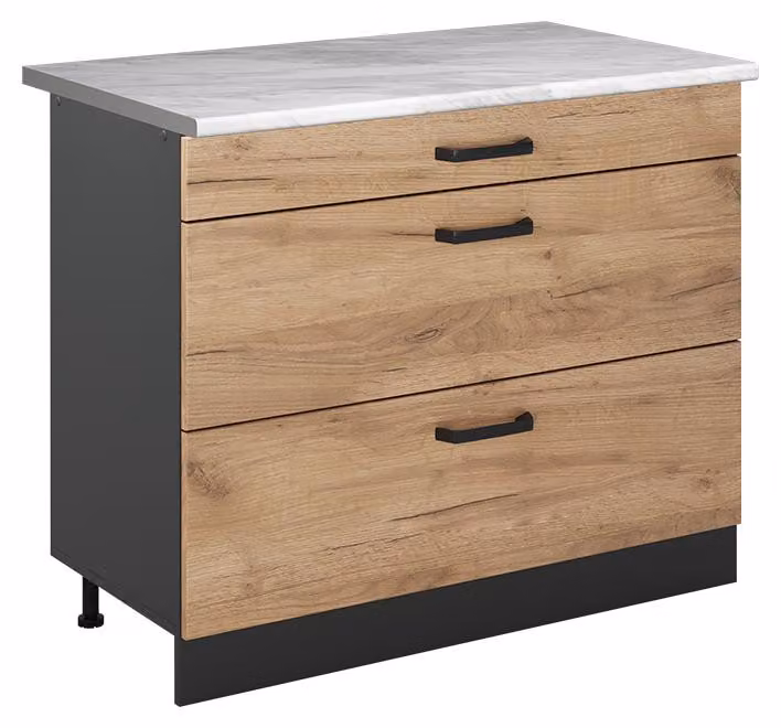 Mobiletto base per cucina Vicco R-Line Rovere dorato/Antracite 100 cm piano di lavoro Marmo, Model 71558