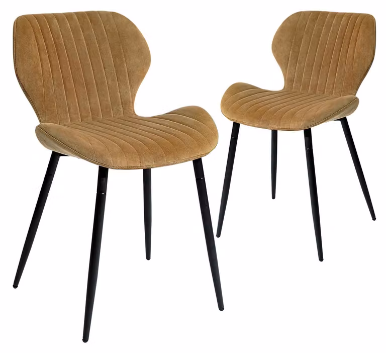 Set di 2 sedie da pranzo, imbottite, con gambe in metallo, colore marrone