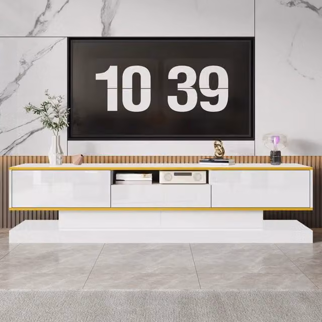 Mobile TV moderno 180x38x45 cm, 3 cassetti e 1 vano aperto, finitura lucida con LED a cambio colore