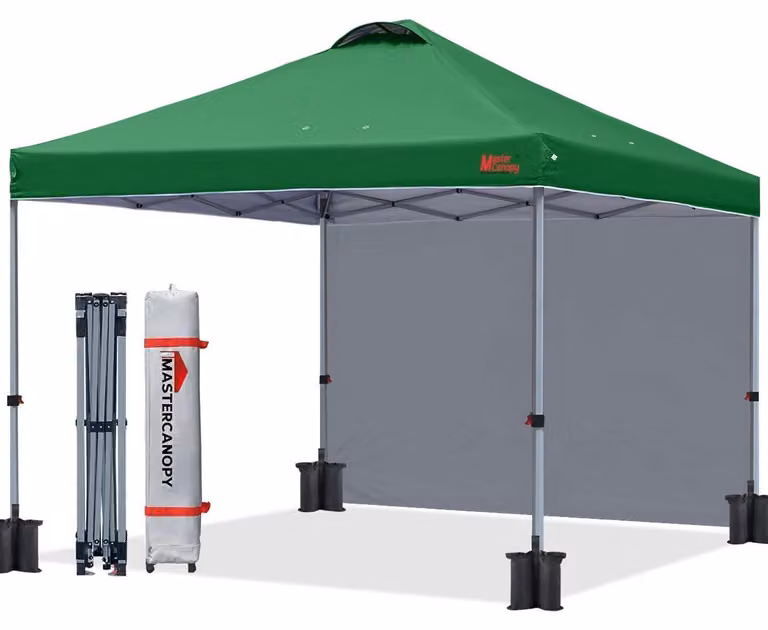 Padiglione pop-up di 3x3 metri, color verde scuro, con una parete laterale, sistema di ventilazione e protezione UV 50+