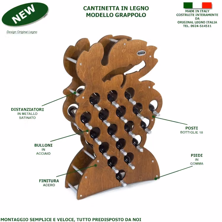 Cantinetta in legno Original Legno Italia modello Grappolo per 18 bottiglie di vino, finitura noce, L: 75 cm, P: 25 cm, H: 120 cm – 2