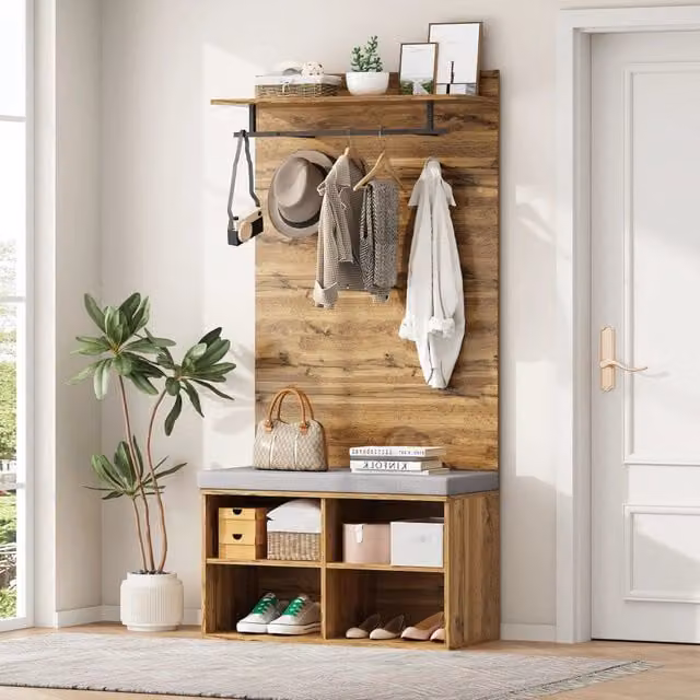 Set di mobili da ingresso MIVRAY in rovere marrone con panca imbottita, ripiano regolabile e asta appendiabiti, stile moderno, L: 84 cm, P: 35 cm, H: 175 cm