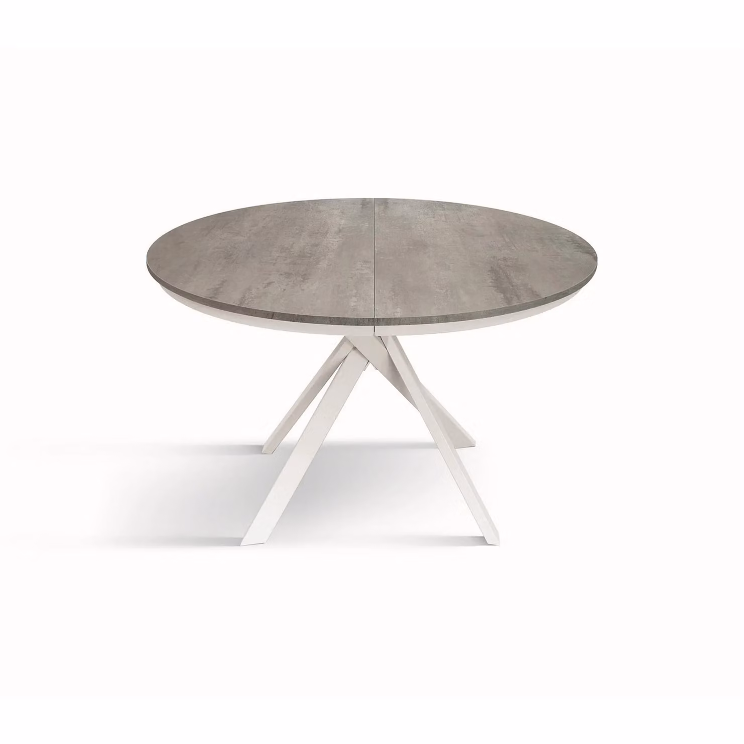 Tavolo rotondo PANTELLERIA in legno effetto grigio cemento con gambe incrociate in metallo bianco, allungabile ⌀120 cm – 170 cm