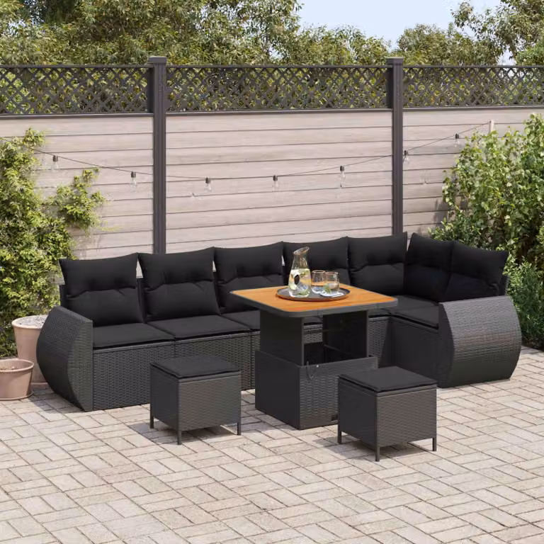 Set Divano da Giardino vidaXL 9 posti Nero con Cuscini e Tavolino da Esterno in Metallo e Tessuto Resistente ai Raggi UV