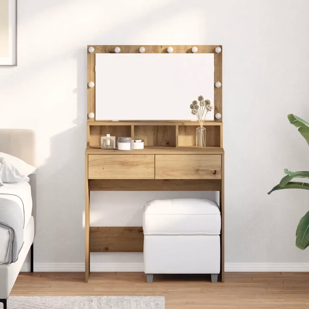 Toeletta Tavolo da Trucco in Legno Rovere Marrone con LED L/P/H: 80 x 41 x 134,5 cm – 2