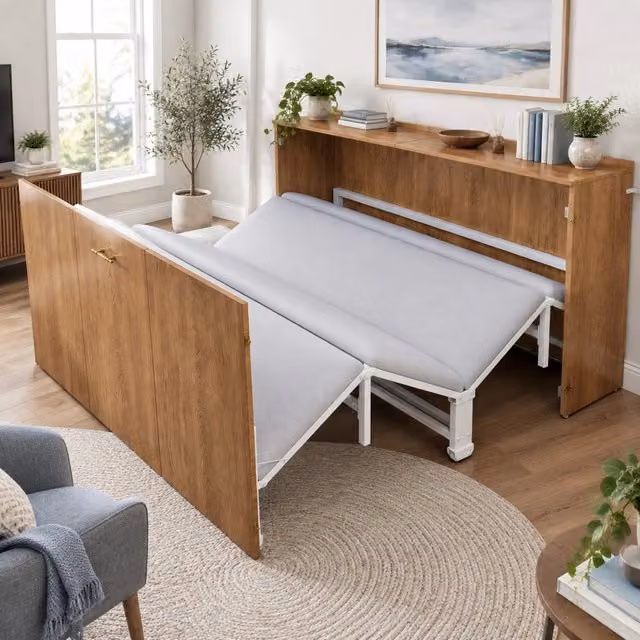 Letto a scomparsa pieghevole 140x200 cm in legno e metallo con materasso in lino; effetto legno
