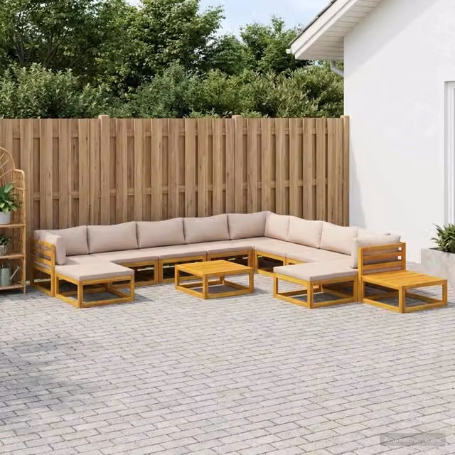 Set di divani da giardino vidaXL in legno di acacia massello con cuscini beige e marrone, composizione a L con pouf e tavolino da esterno – 1
