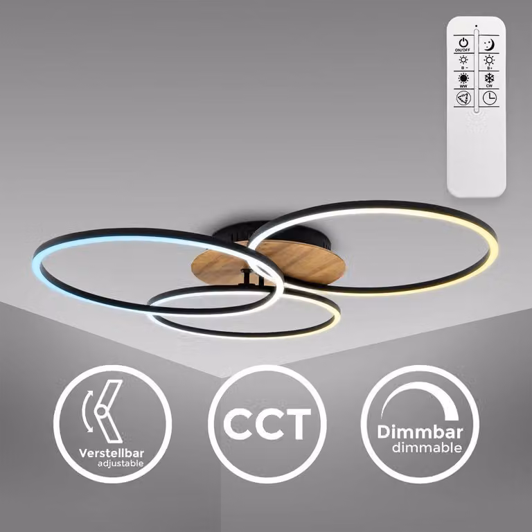 B.K.Licht, Plafoniera LED 40W dimmerabile, CCT luce da calda a fredda, 2 cerchi orientabili, telecomando, lampadario -Frame- con funzione memoria, nero e legno