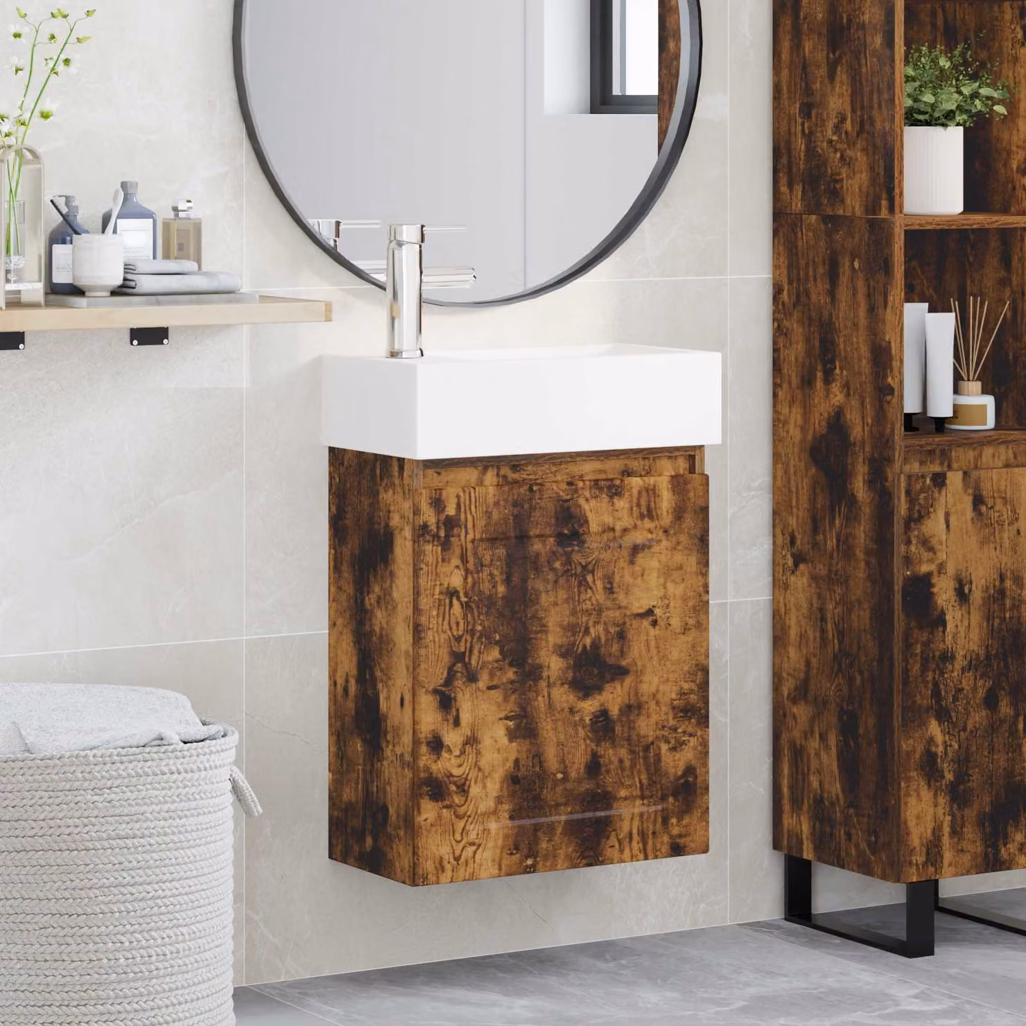 Mobile bagno moderno vidaXL con rubinetto in Rovere Fumo, L: 45,5 cm, P: 22,5 cm, H: 84 cm