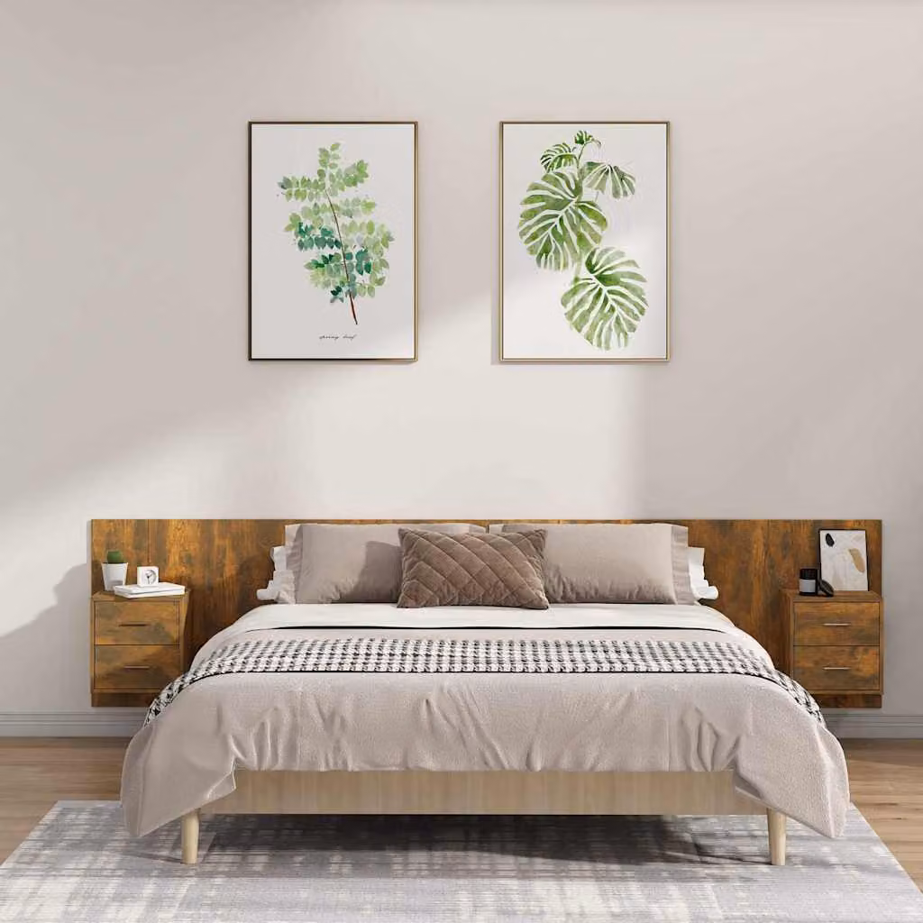 vidaXL Testiera Letto con Comodini Integrati in Legno Multistrato Rovere Fumo – 1
