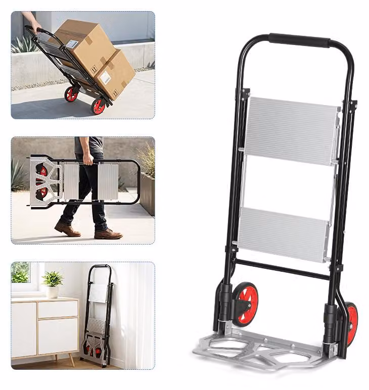 Ikodm, carroponte 2 in 1 con scala pieghevole a 2 gradini e carrello trasportabile, portata: 80 kg (carrello), 150 kg (scala), colore: nero e argento