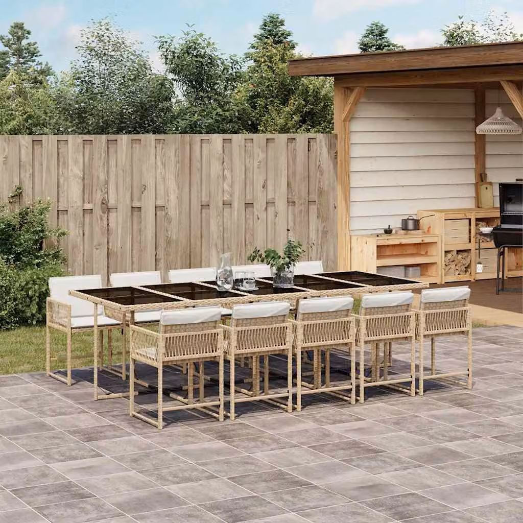 vidaXL Set da Pranzo da Giardino 11 pz in Polyrattan con Cuscini Beige e Bianco e Piano in Vetro – 1