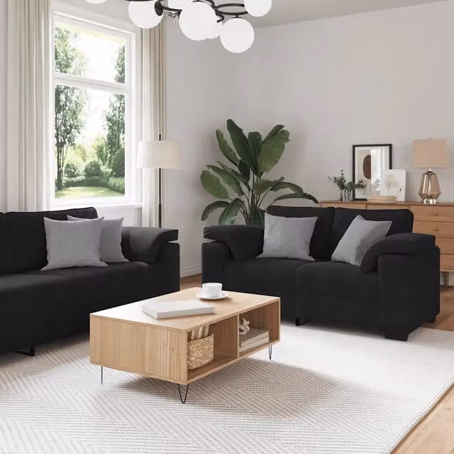 Set di divani 3 pezzi vidaXL in velluto nero con cuscini per soggiorno e ufficio – 1
