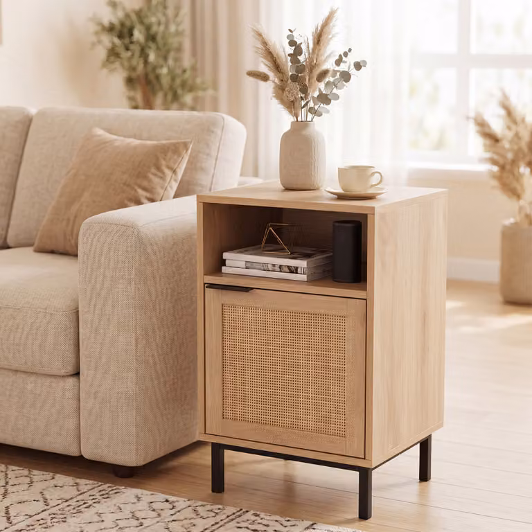 Comodino moderno Costway in legno con anta in rattan e ripiano aperto, tavolino da notte beige e marrone per soggiorno e camera da letto