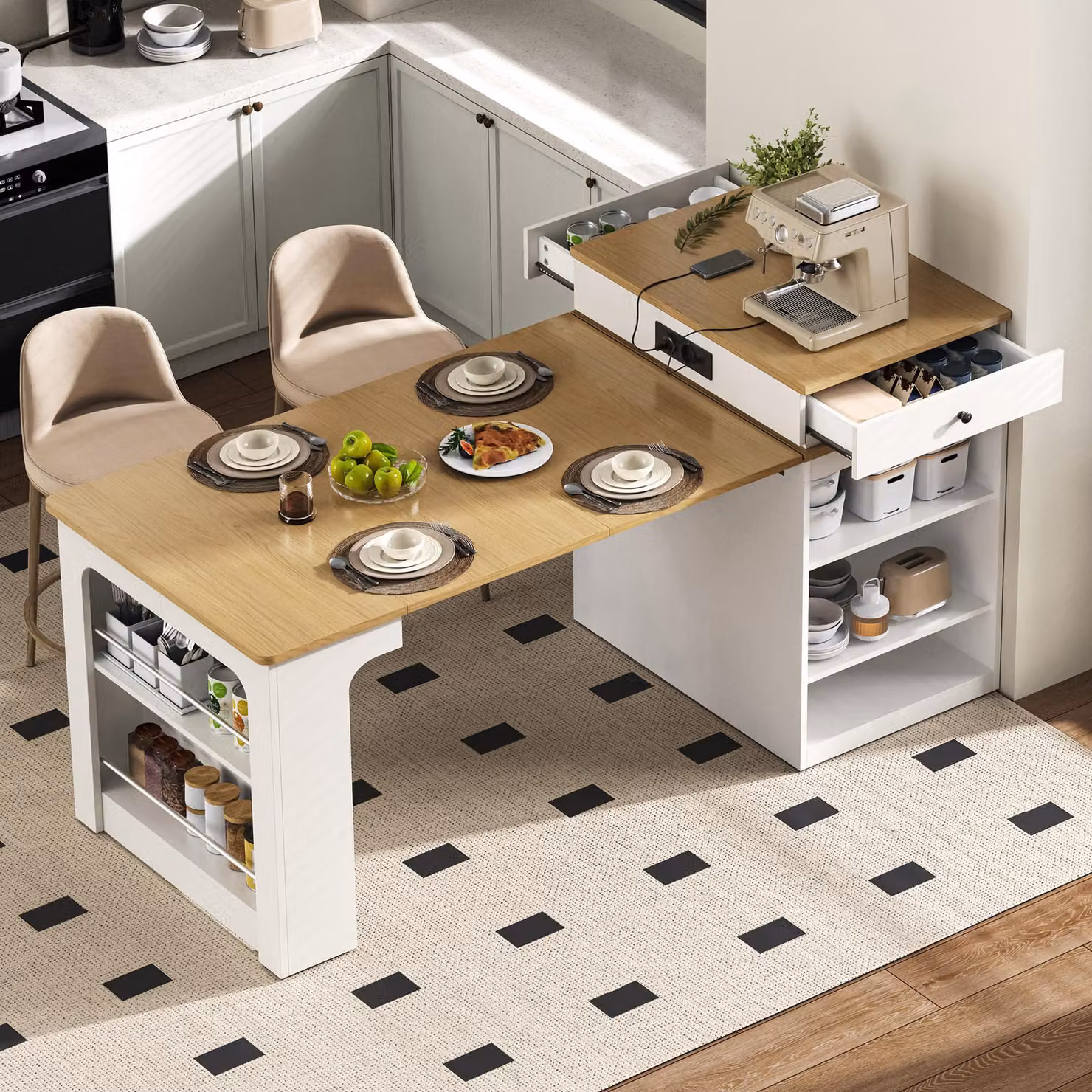 MODFU Mobile da cucina moderno a isola con prese di corrente, credenza a buffet con piano estraibile e ripiani regolabili, bianco
